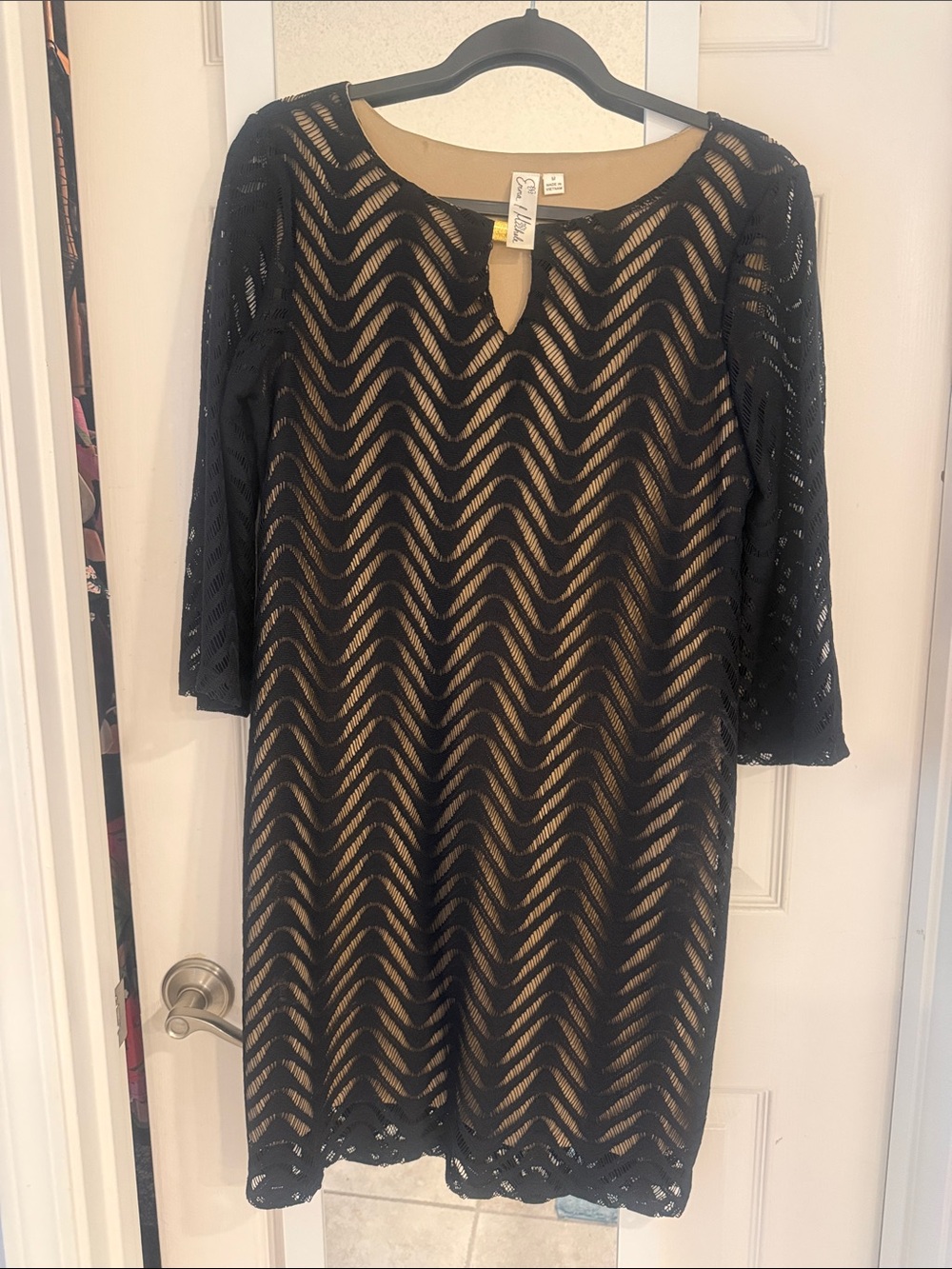 Emma & Michele Black Lace Overlay Dress with Nude Slip